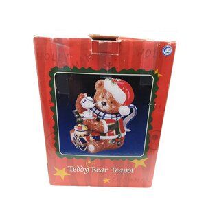 Vtg Cracker Barrel Ceramic Santa Teddy Bear ChristmasTeapot Hand Painted, with b